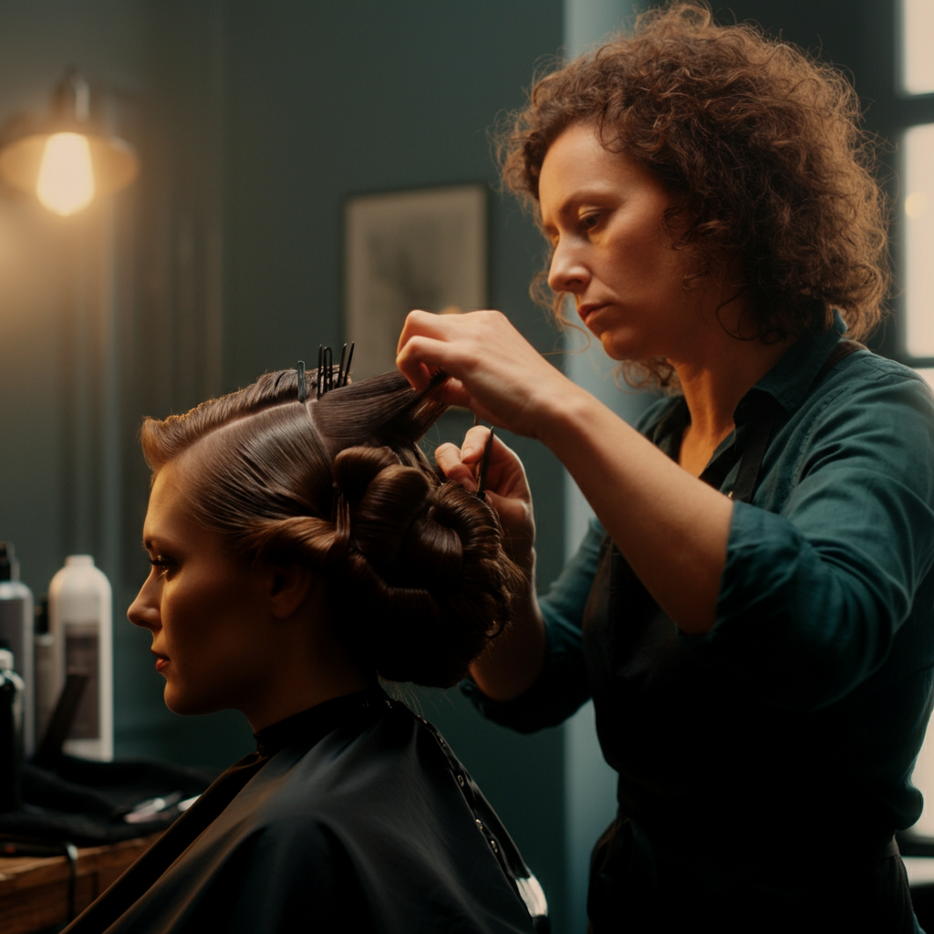 A brightly lit hair salon. A stylist is carefully pinning up the hair of a client with soft, diffused light coming from a large window. The stylist is using a variety of tools and products. Focus is on the intricate details of the hairstyle and the stylist's concentration. Soft bokeh in the background.