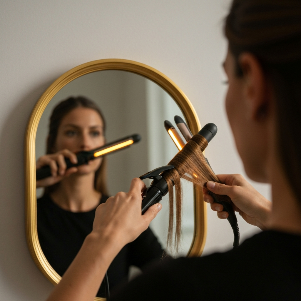 A close-up shot of a woman using a curling iron on her hair in front of a vanity mirror. The mirror is reflecting the warm glow of the curling iron. Focus on the texture of the hair as it curls and the woman's hand expertly maneuvering the tool. Shallow depth of field.