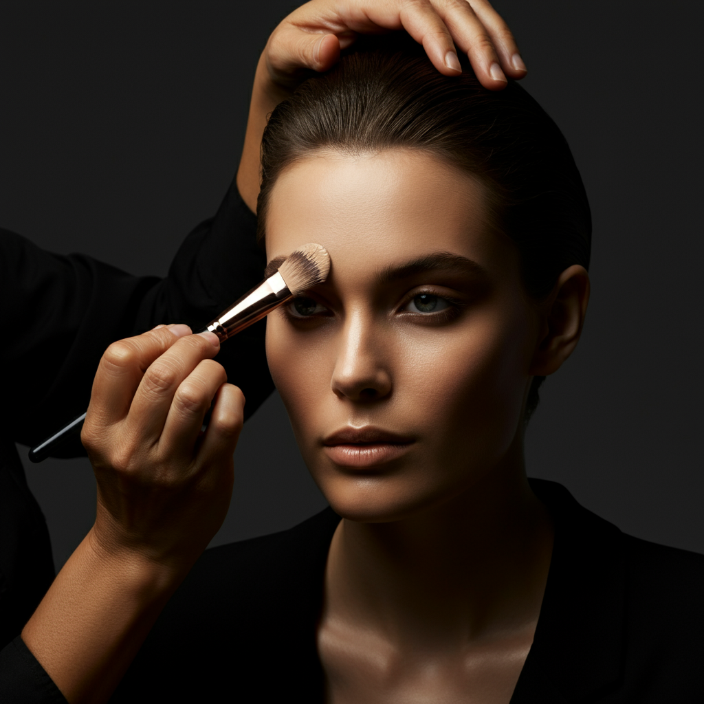 A makeup artist applying foundation to a model's face with a blending brush. The artist is carefully blending the foundation along the hairline for a natural look. Soft focus on the model's face and the artist's hand. Warm, flattering light.