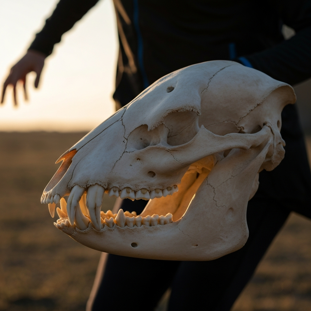 A detailed macro shot of an animal skull, focusing on the intricate details of the teeth and bone structure. The skull is side-lit, revealing subtle textures and shadows.