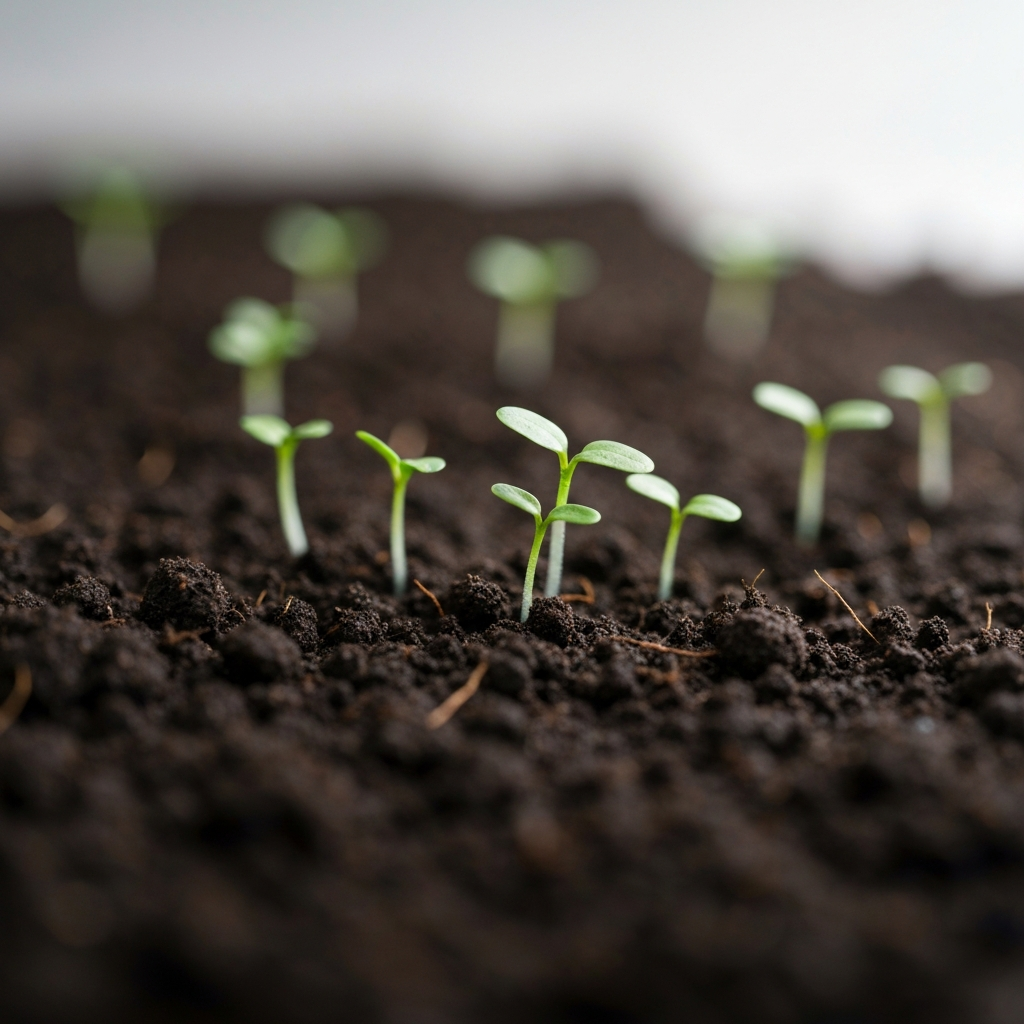 A close-up shot of rich, dark soil with seedlings sprouting. The lighting is soft and diffused, emphasizing the textures of the earth and the delicate new growth.