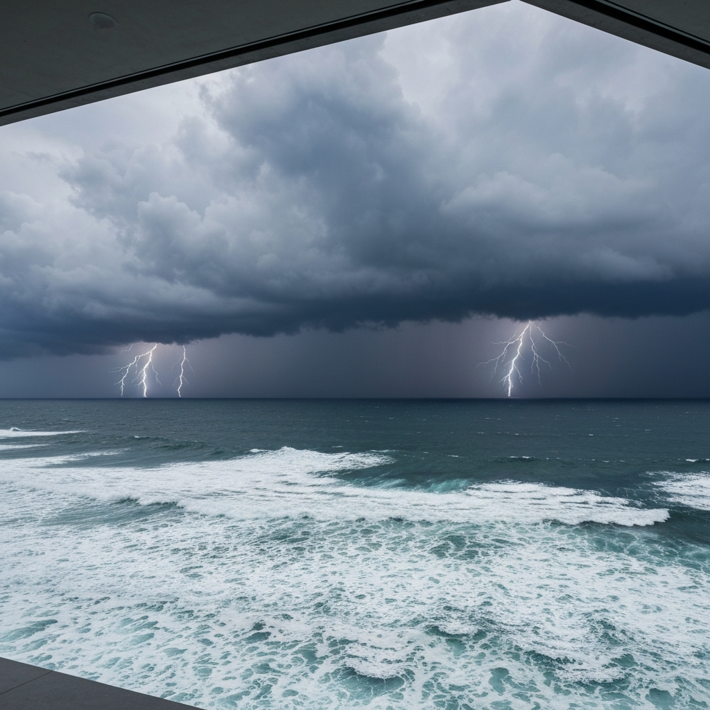 A wide-angle landscape featuring a dramatic, stormy sky over a vast ocean. Dark clouds contrast with the whitecaps on the water, creating a sense of immense power and scale. The lighting is dramatic, with flashes of lightning illuminating the scene.