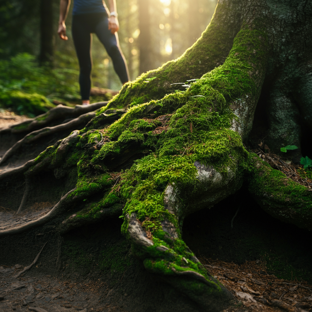 A close-up of ancient, gnarled tree roots covered in moss. The lighting is dappled, with shafts of sunlight filtering through the forest canopy, highlighting the textures of the bark and moss.