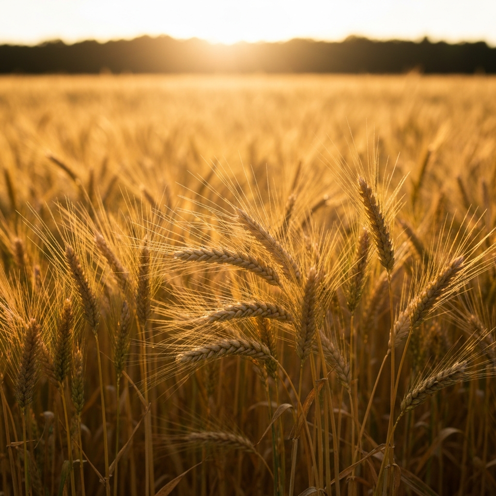 A vibrant field of golden wheat swaying gently in the breeze during golden hour. Soft bokeh in the background creates a dreamy, idyllic atmosphere. The sunlight is warm and inviting.