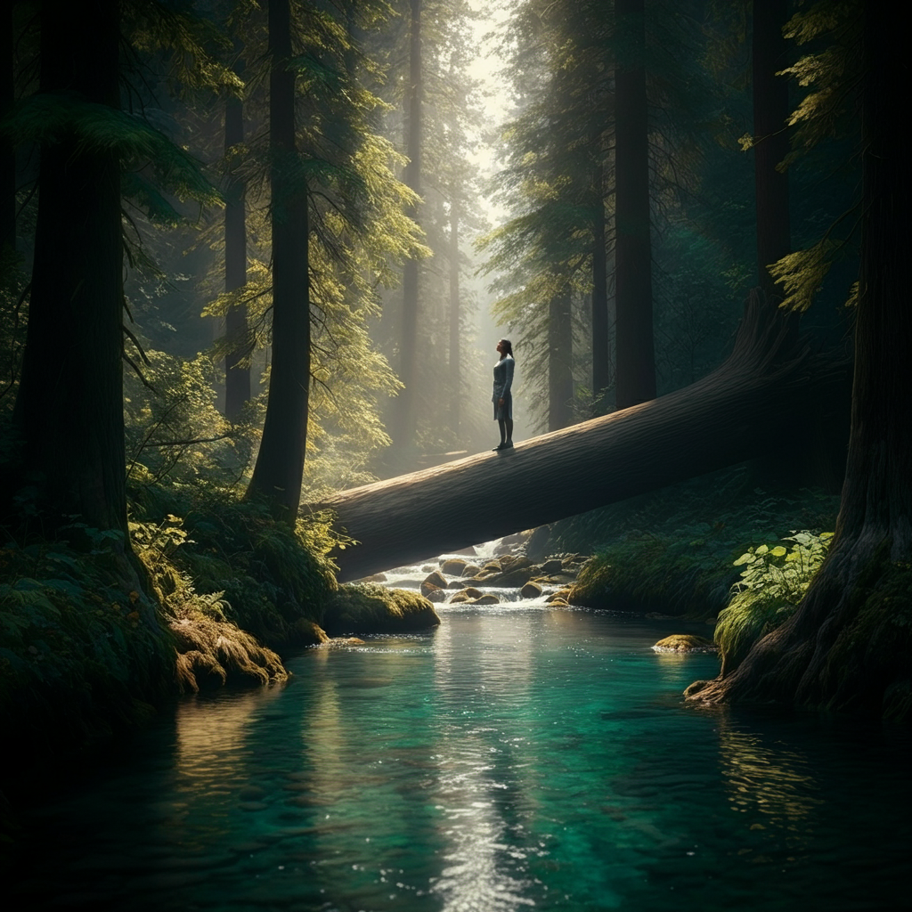A serene, crystal-clear stream flowing through a lush forest. Sunlight dances on the water's surface, creating a magical, ethereal effect. The focus is on the natural beauty and tranquility of the scene.