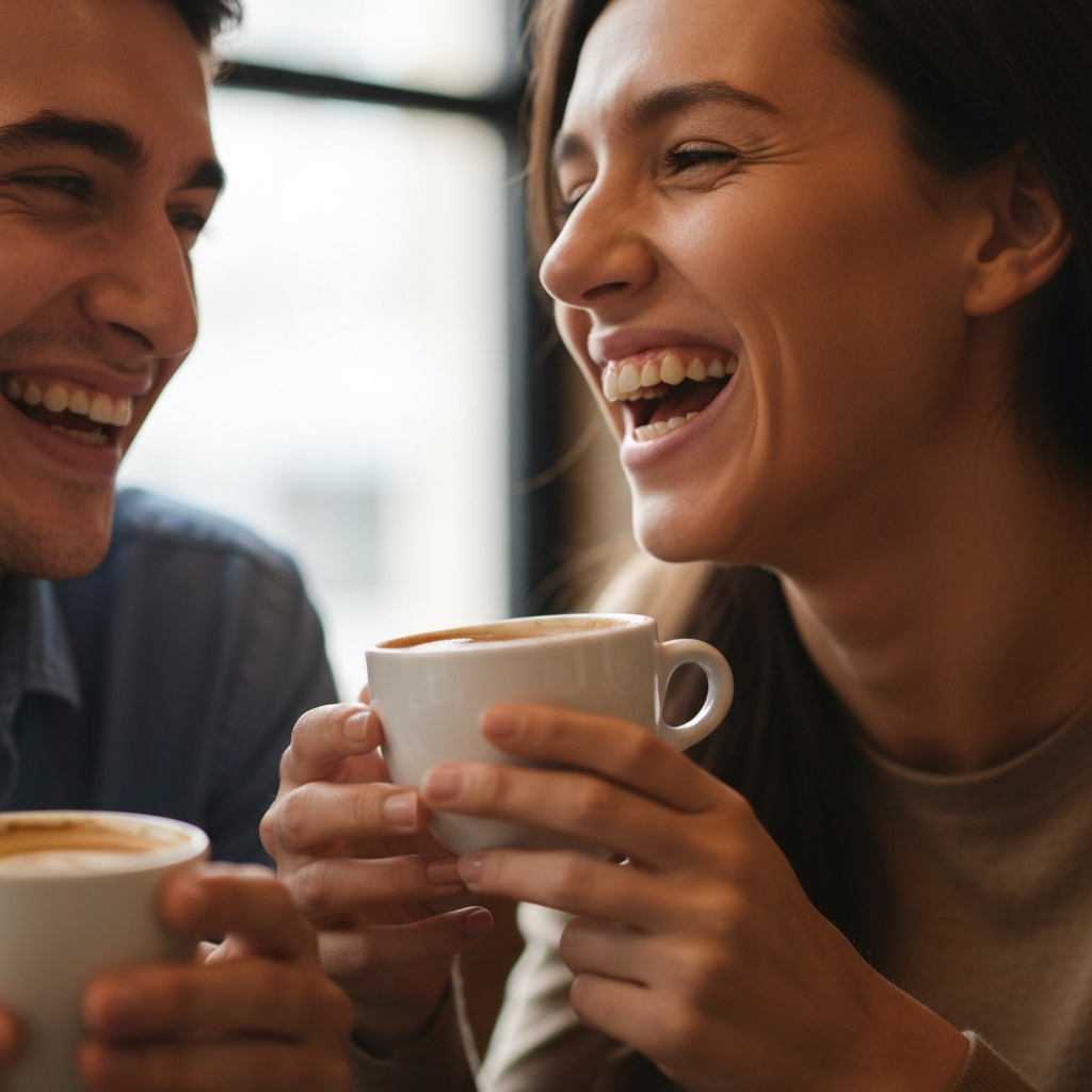 A close-up shot of two people laughing together in a softly lit coffee shop. Focus on the texture of the coffee cups and the warm, inviting atmosphere, with soft bokeh in the background highlighting their engaged expressions.