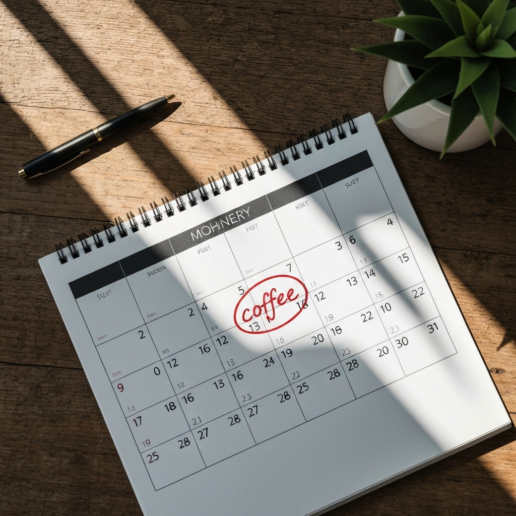 A top-down view of a calendar with a coffee date circled in red ink. The calendar is lying on a rustic wooden table, with a pen and a small potted plant nearby. Natural side-lighting emphasizes the texture of the wood and the details of the calendar.