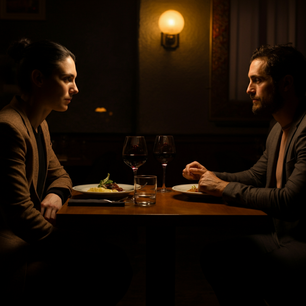 Two people sitting at a table in a dimly lit restaurant, facing each other. Soft, warm lighting highlights their facial expressions as they engage in an intimate conversation. A partially visible wine glass adds to the ambiance.