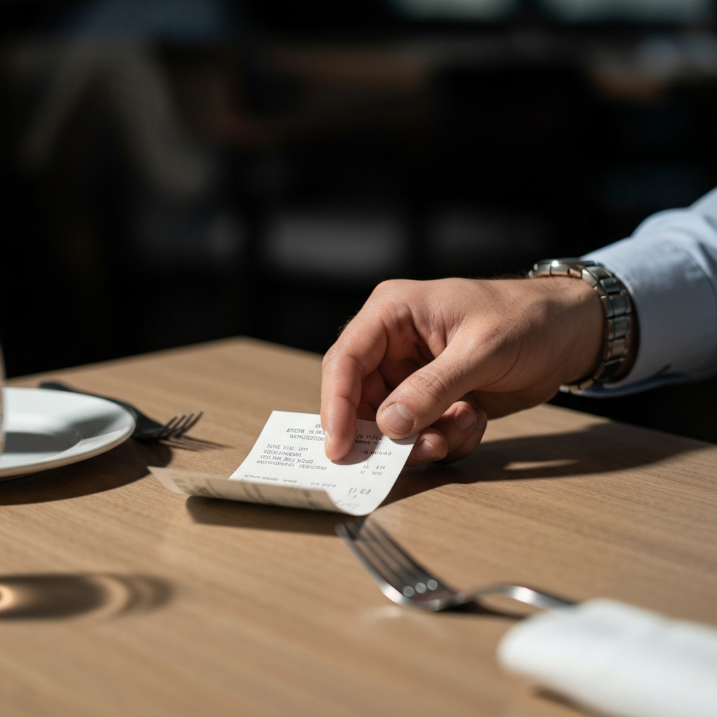 A hand reaching for a bill on a restaurant table. The hand is wearing a stylish watch and a neatly pressed shirt cuff is visible. Soft lighting highlights the texture of the bill and the confident gesture of the hand.