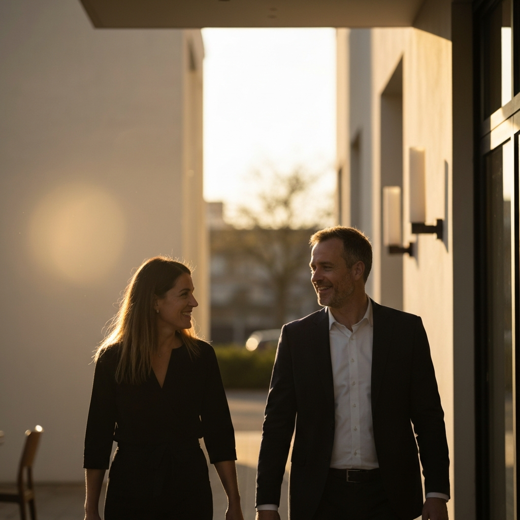 Two people walking away from a restaurant, smiling and talking. Golden hour lighting casts long shadows and highlights the warmth of their expressions. Soft bokeh blurs the background, creating a sense of intimacy.
