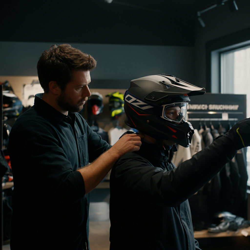 A snowmobiler in a gear shop, being fitted for a helmet by a sales associate. The sales associate is gently pressing down on the helmet to check for movement. Natural light coming through a window, illuminating the scene.