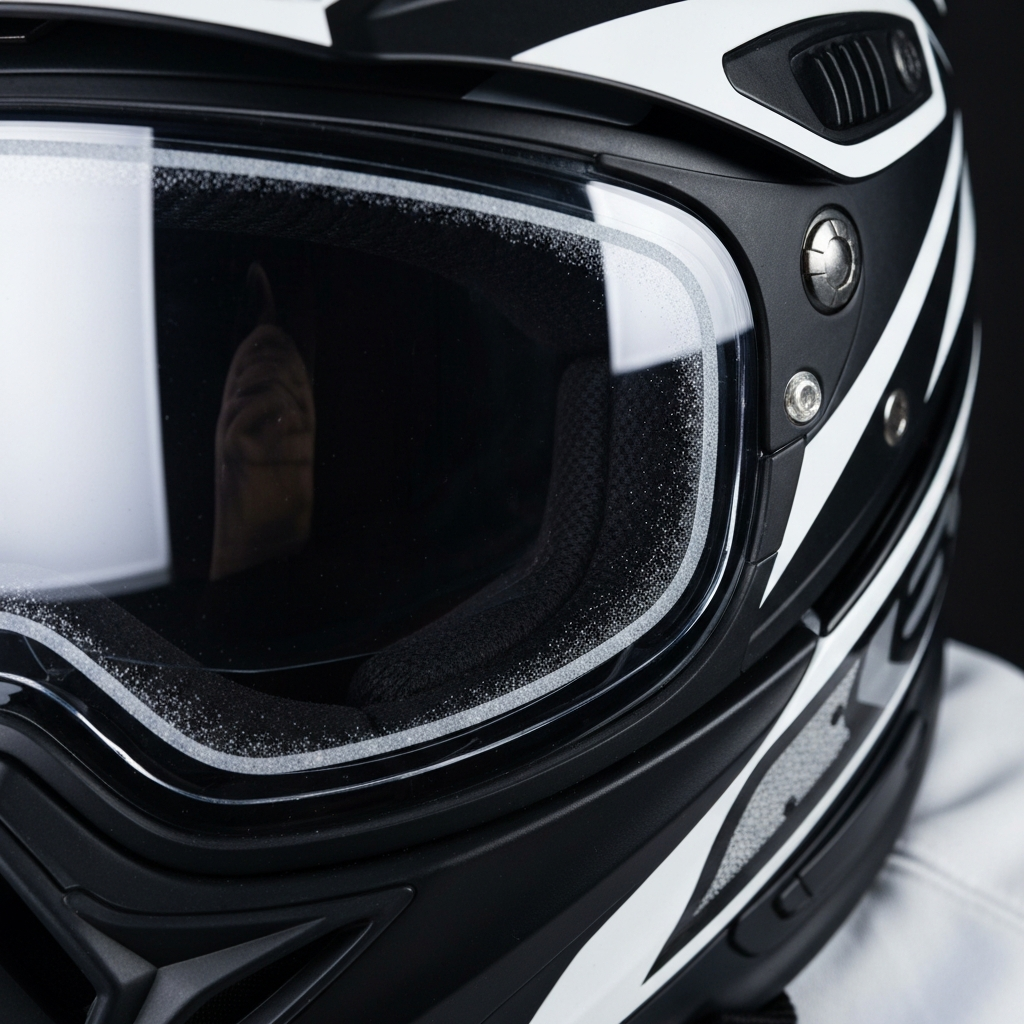 A close-up of a snowmobile helmet visor, showcasing the anti-fog coating. Backlit to illustrate the clarity and transparency of the visor. Subtle texture on the visor surface.