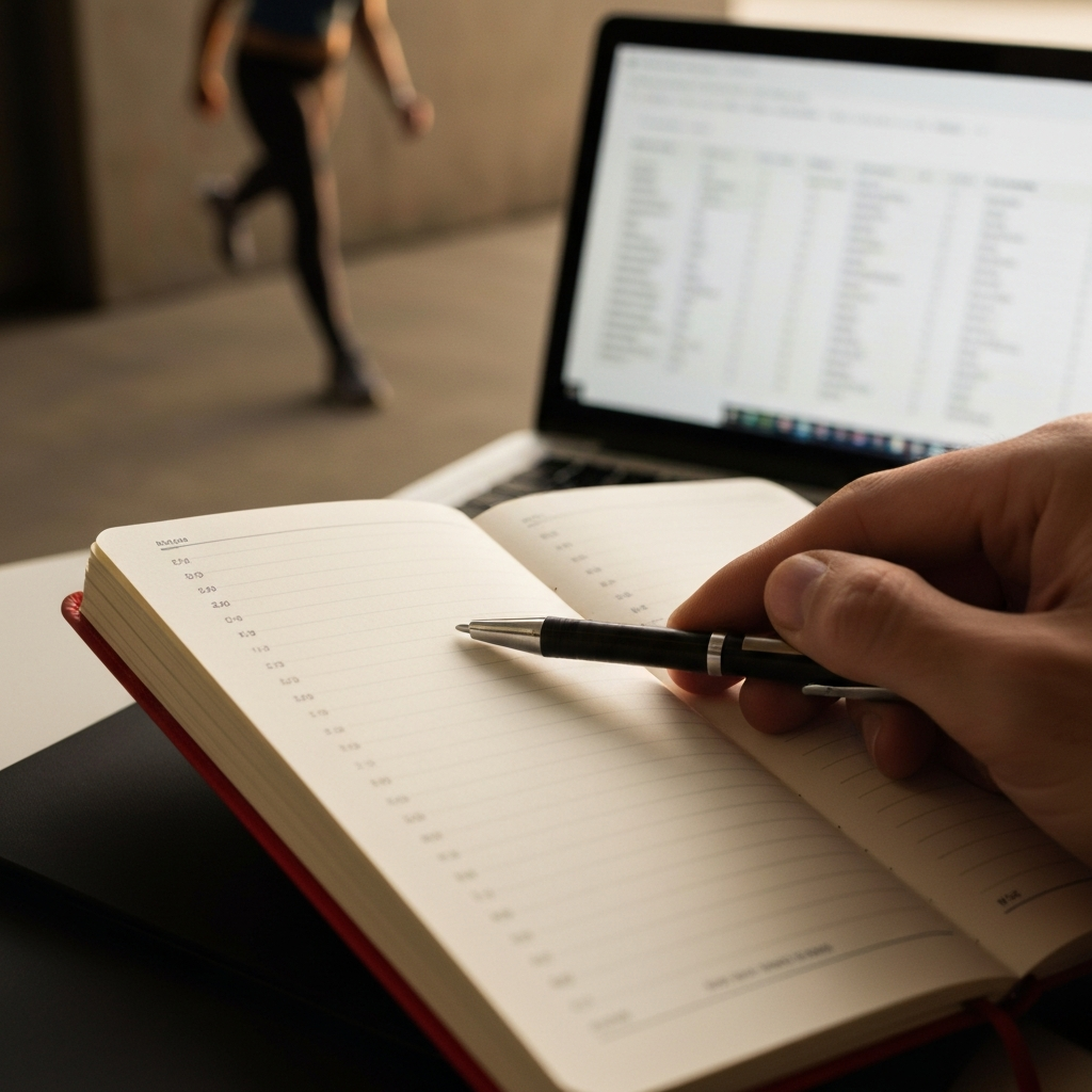 A close-up shot of a hand holding a travel journal, with a pen resting on top and a budget spreadsheet subtly visible in the background on a laptop screen. Focus is on the texture of the paper and the pen.