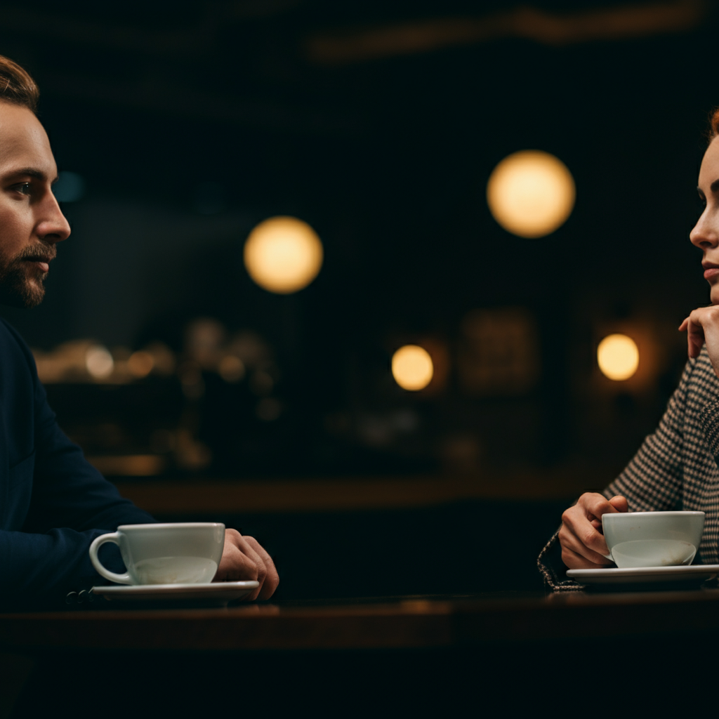 Two people sitting across from each other in a coffee shop, engaged in a thoughtful conversation. Soft bokeh effect blurs the background, focusing attention on their facial expressions.