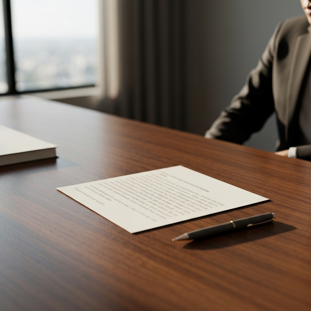 A neatly typed resignation letter lying on a polished wooden desk. A sleek pen rests beside it, bathed in warm, ambient light.
