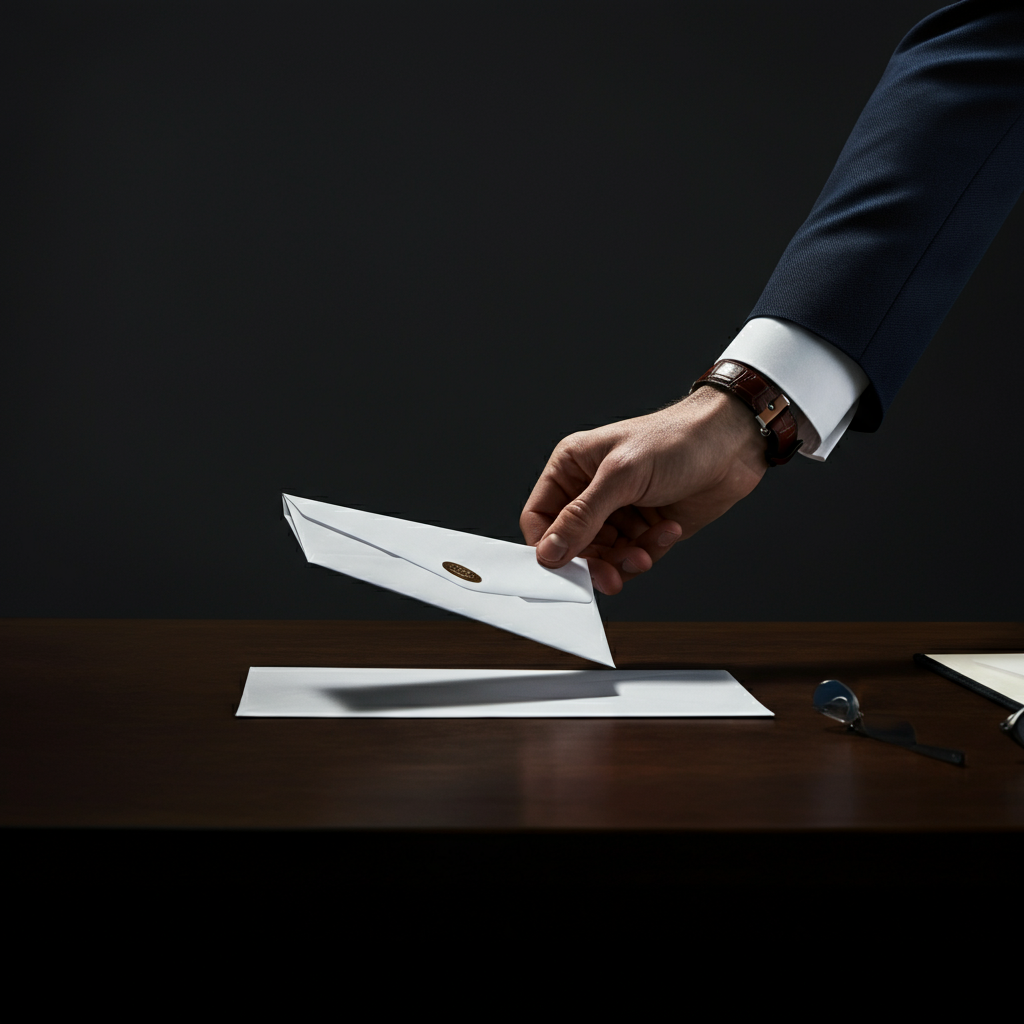 A hand gently passing a neatly folded letter across a desk. The hand is wearing a professional-looking watch, and the desk surface is clean and uncluttered.