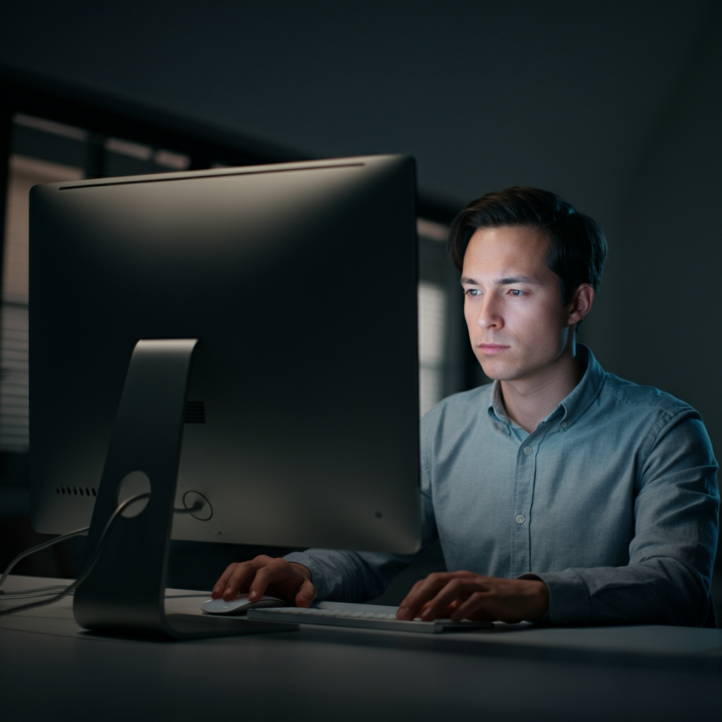 A person working diligently at their computer, with a focused expression. The monitor casts a soft glow on their face, and the background is slightly blurred, emphasizing their concentration.