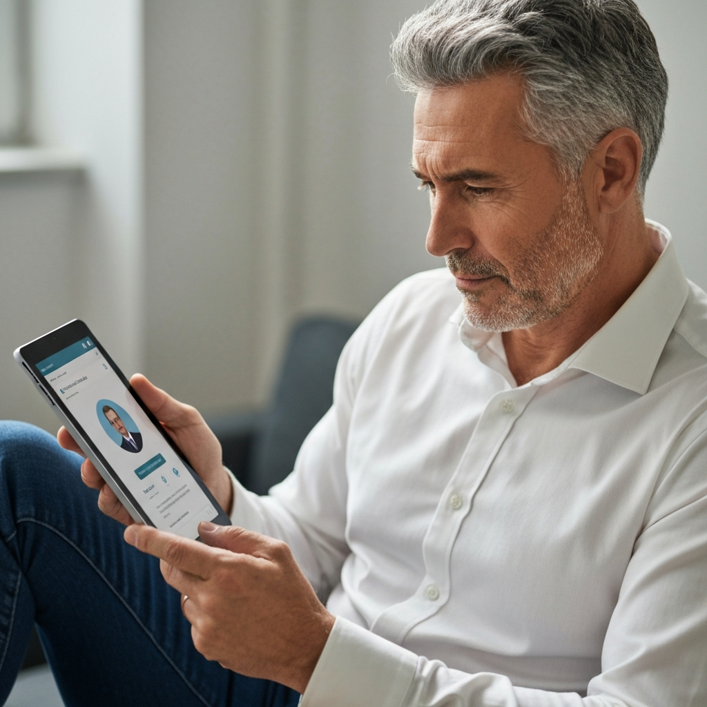 A person reviewing their LinkedIn profile on a tablet. The tablet screen reflects ambient light, and the person's expression is thoughtful and deliberate.
