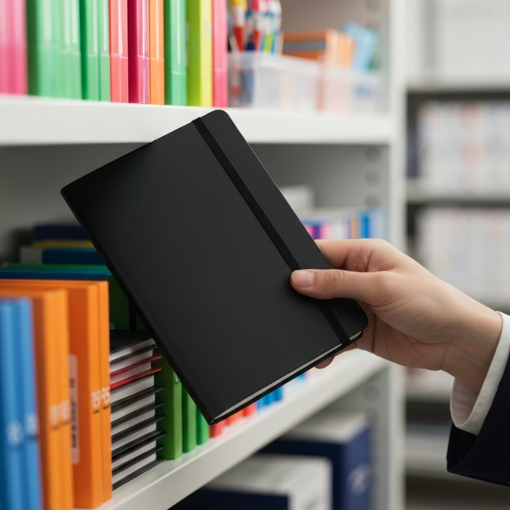 A close-up shot of a hand selecting a plain, black notebook from a shelf filled with brightly colored school supplies. The lighting is soft and diffused, highlighting the matte texture of the notebook's cover.