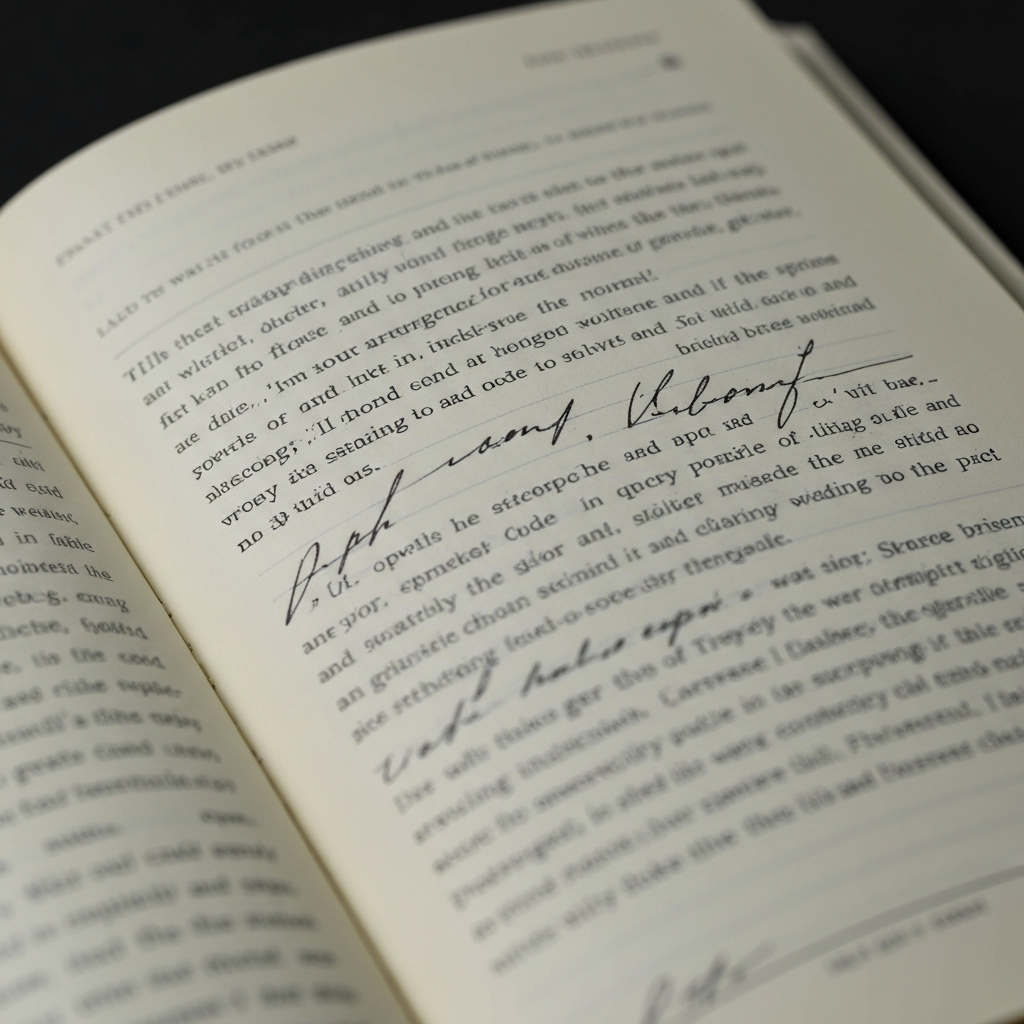 A close-up shot of a page in a journal. The writing appears normal at first glance, but closer inspection reveals subtle code words and symbols interspersed throughout the text. The lighting is dim, creating a sense of mystery and secrecy.