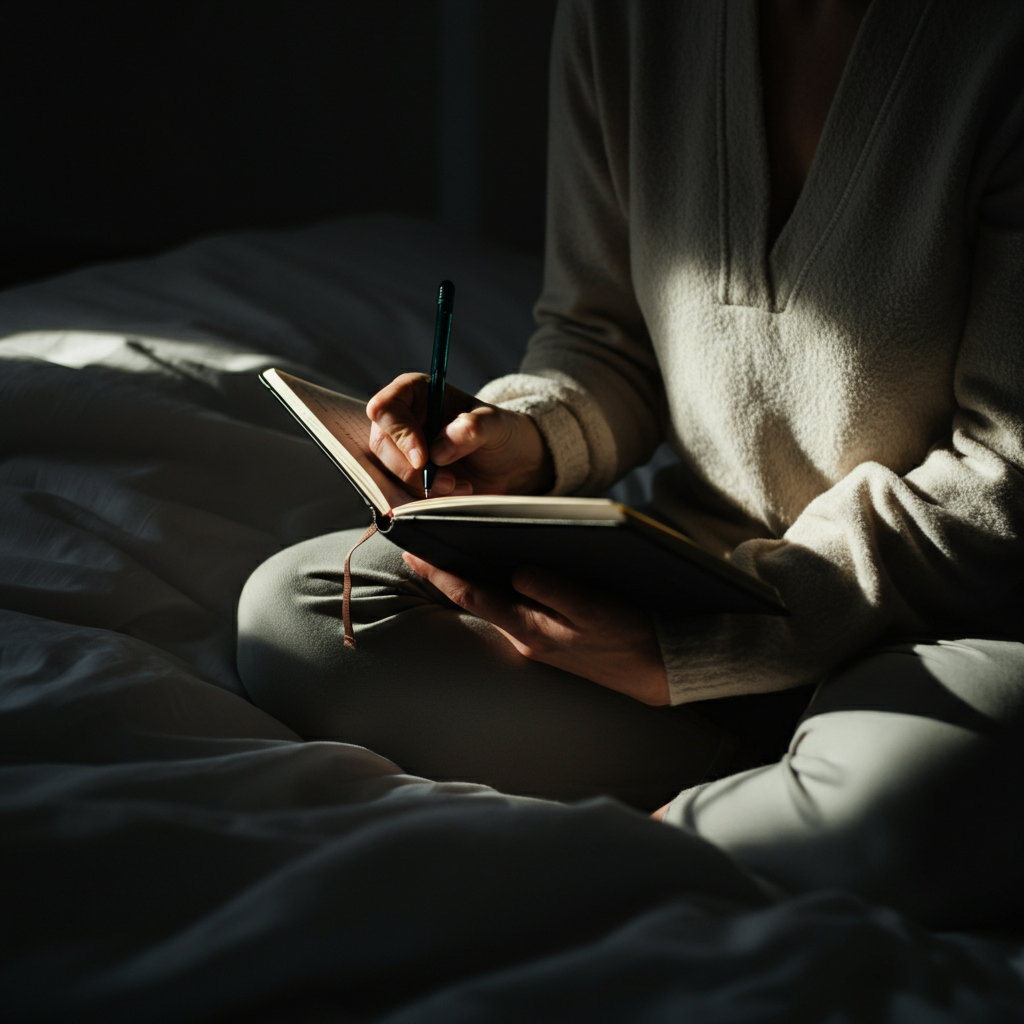 A person writing in a diary with a relaxed posture, sitting on a bed. The lighting is natural and soft, showing the comfortable and casual environment.