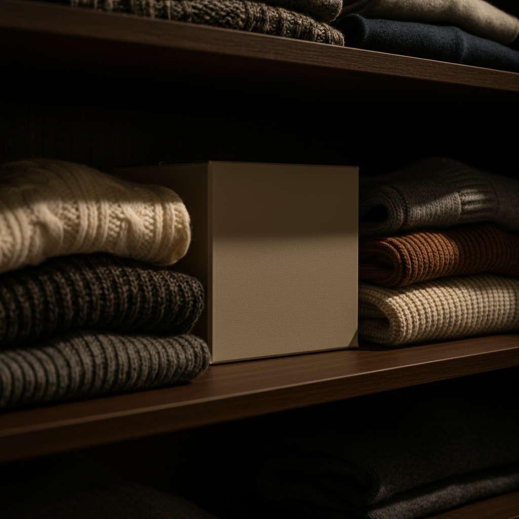 A low-angle shot inside a closet. A small, plain box is tucked away behind a pile of folded sweaters. The lighting is dim and shadowed, emphasizing the hidden nature of the box.