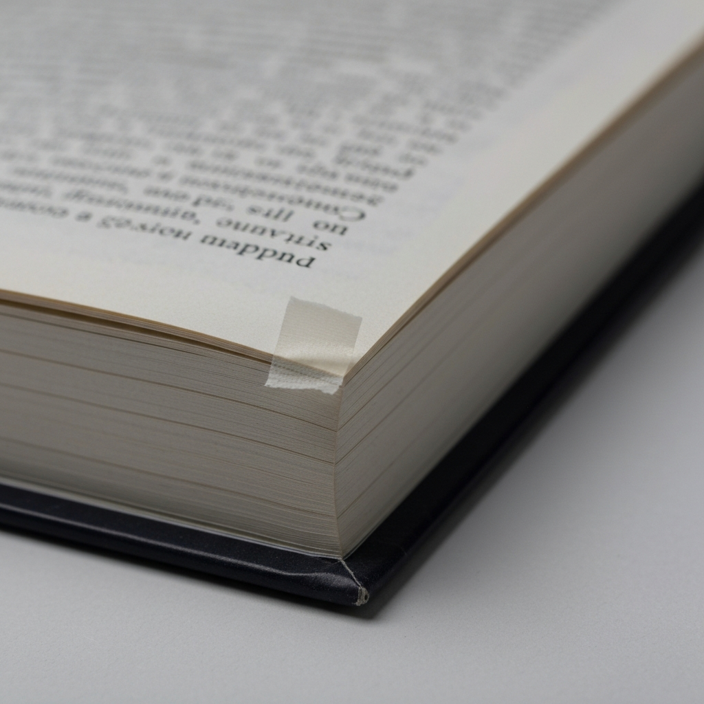 A close-up shot of a book with a nearly invisible piece of tape carefully placed on the edge of a page. The lighting is sharp and focused, highlighting the delicate nature of the tape.