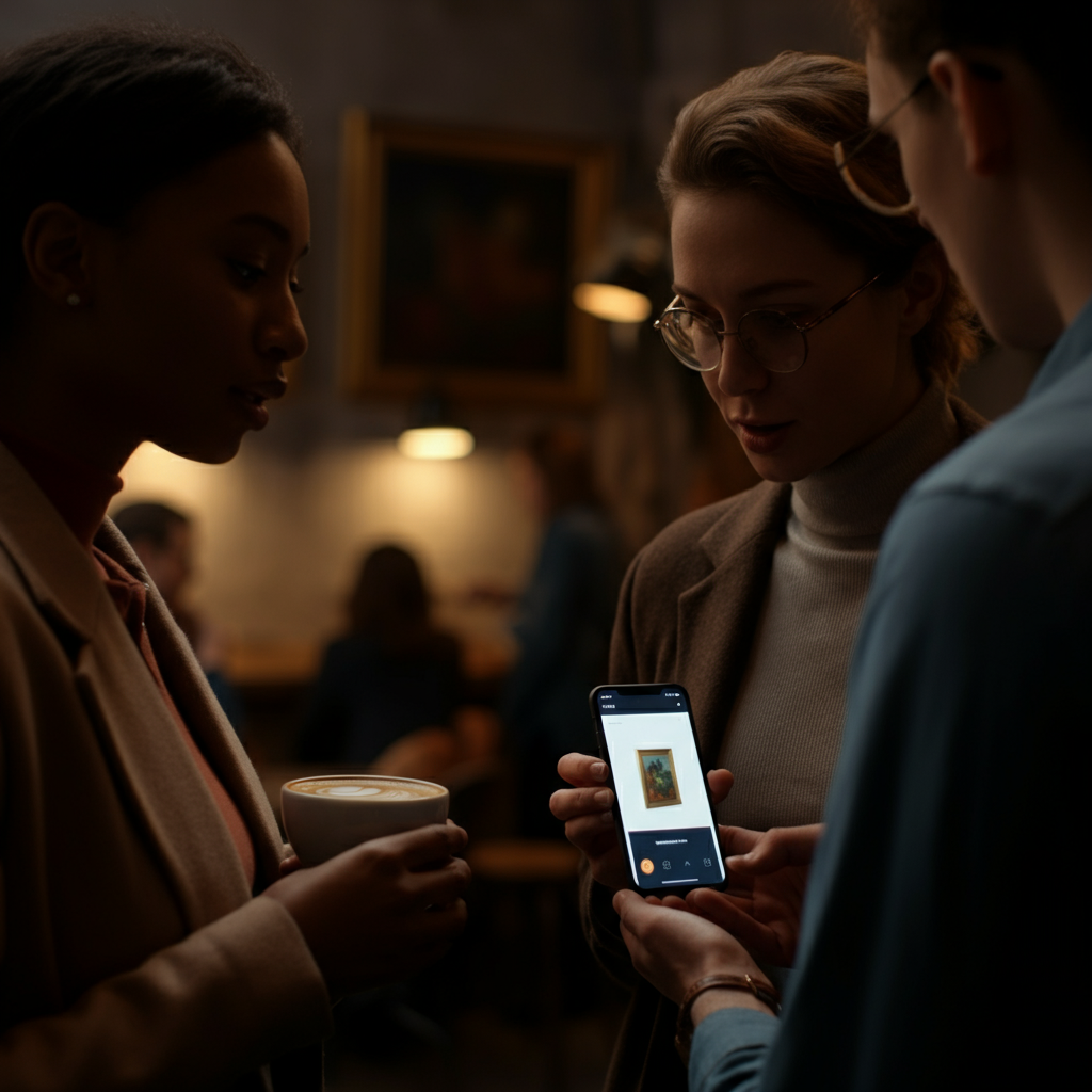 A brightly lit coffee shop. Two friends are animatedly discussing a painting on a phone screen, with one pointing at specific details and the other listening intently, latte in hand. Soft bokeh in the background shows other patrons engaged in conversation.