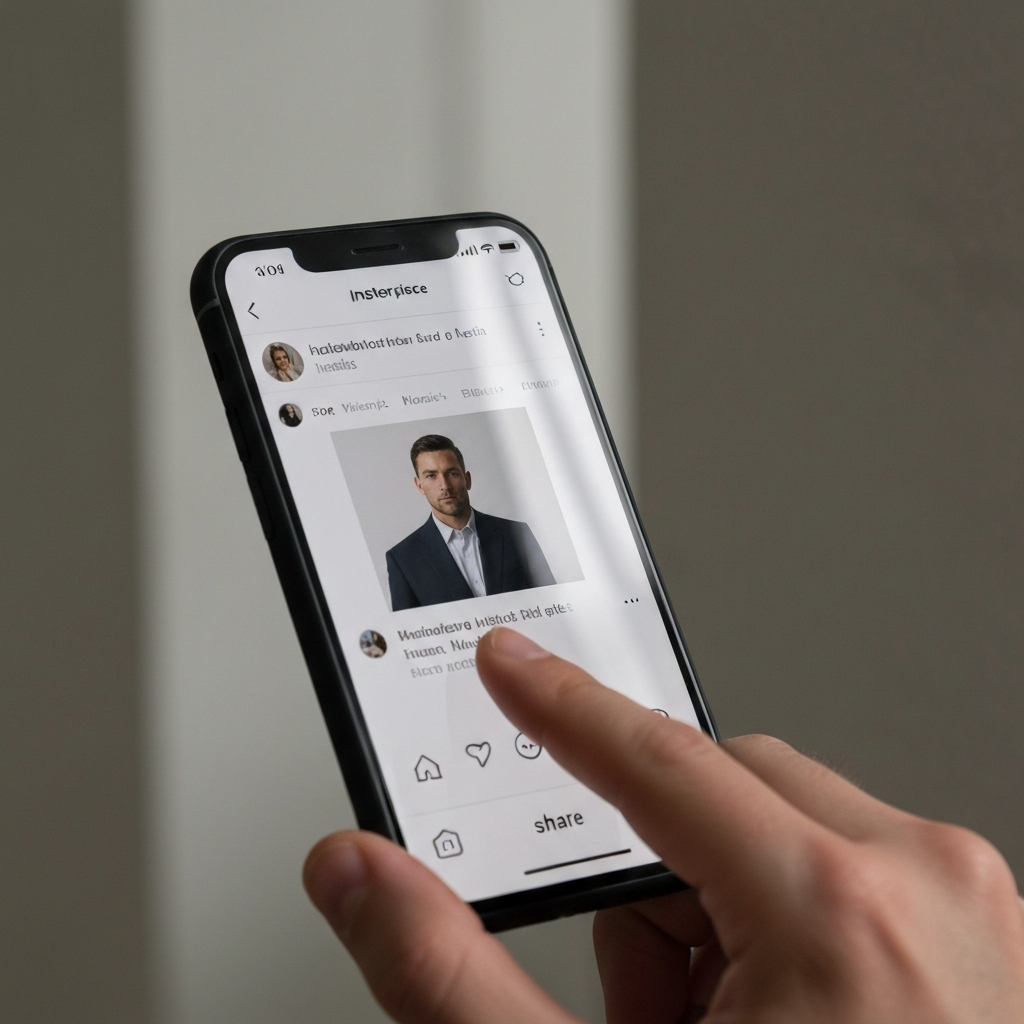 Close-up on a phone screen displaying an artist's Instagram post. A hand is about to tap the "share" icon. Soft, diffused light reflects off the screen.