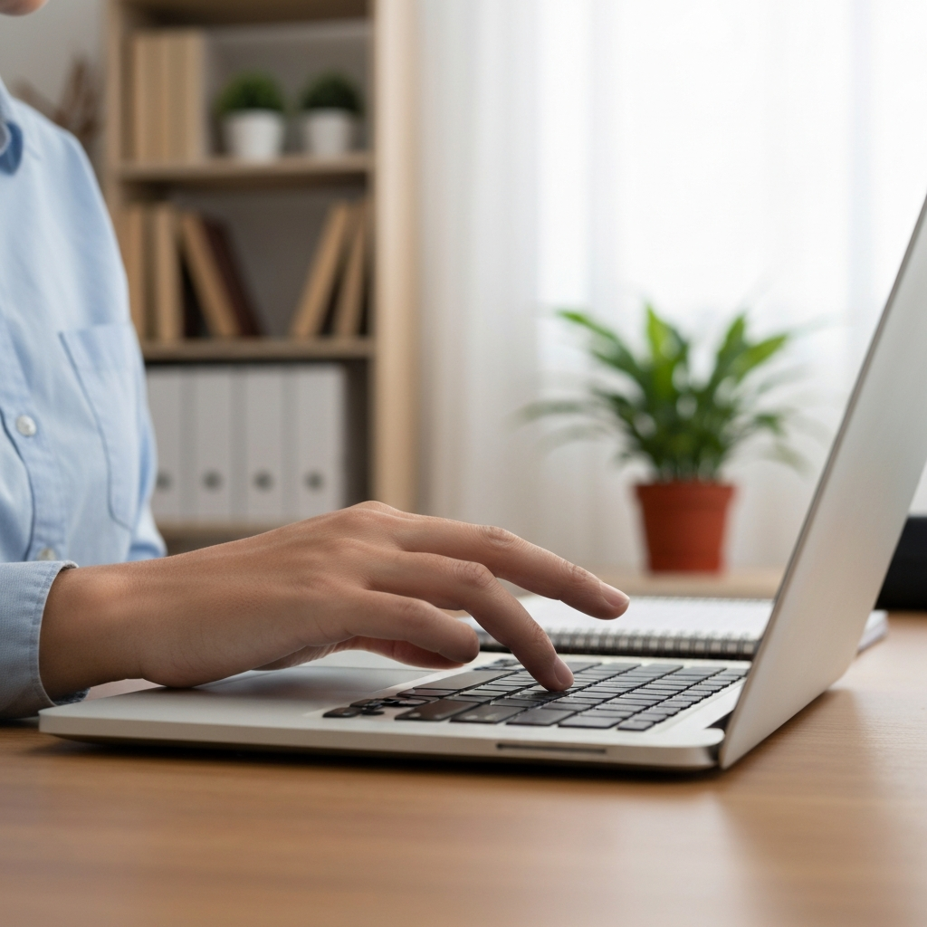 A person replying to a tweet on a laptop, their fingers hovering over the "@" key. The background shows a tidy home office with a bookshelf and a potted plant.
