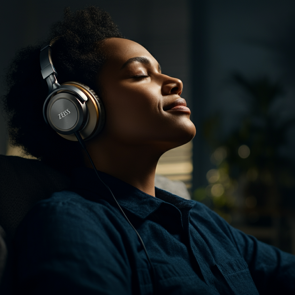 A person listening to music with headphones on, their eyes closed in enjoyment. The background is blurred, showing a glimpse of a peaceful living room with soft, natural light.