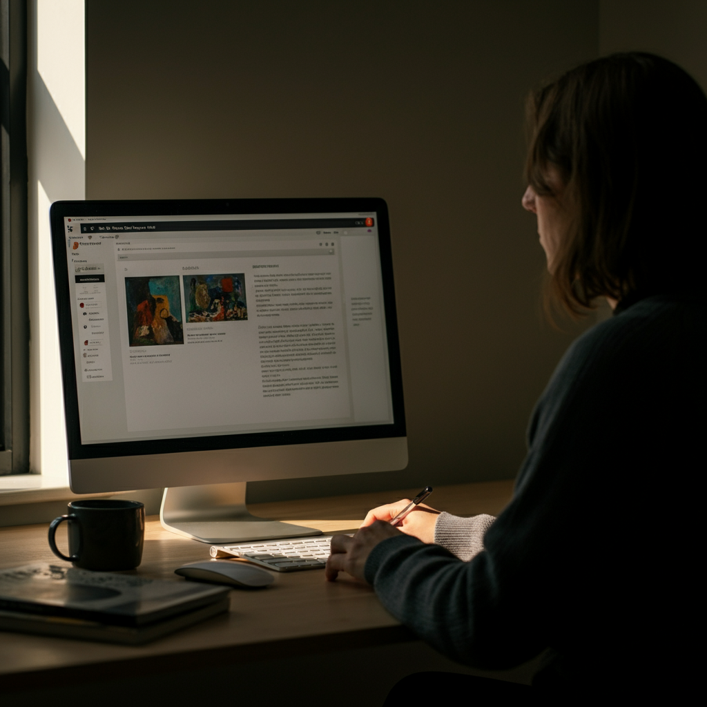 A person sitting at a desk, focused on writing a blog post about an artist. The screen displays a partially written article with embedded images. Natural light streams in from a nearby window.