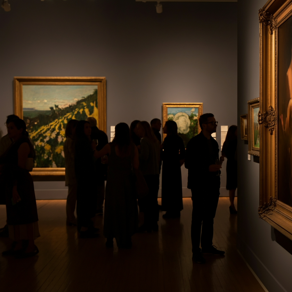 A crowded art gallery during an opening reception. People are mingling, admiring the artwork, and engaging in conversation. Soft, warm lighting illuminates the space.