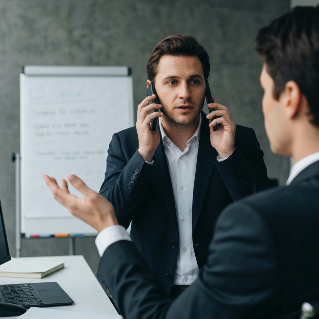 A person talking on a phone, gesturing with their hand while explaining an artist's skills to a potential client. The background shows a professional office environment with a whiteboard and a desk.