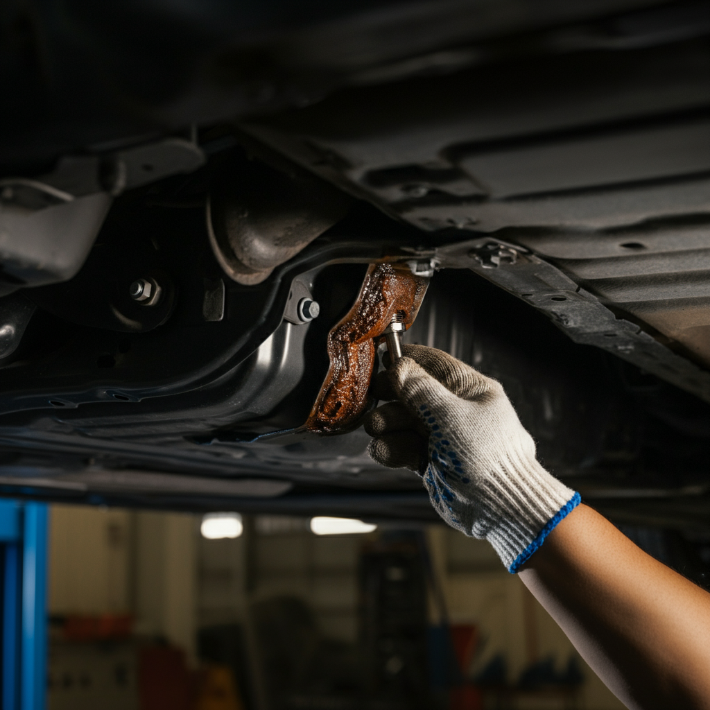 Close-up shot under the van showing a mechanic's gloved hand removing a corroded nut from the heat shield. Soft golden hour lighting illuminates the undercarriage, highlighting the textures of the metal components.