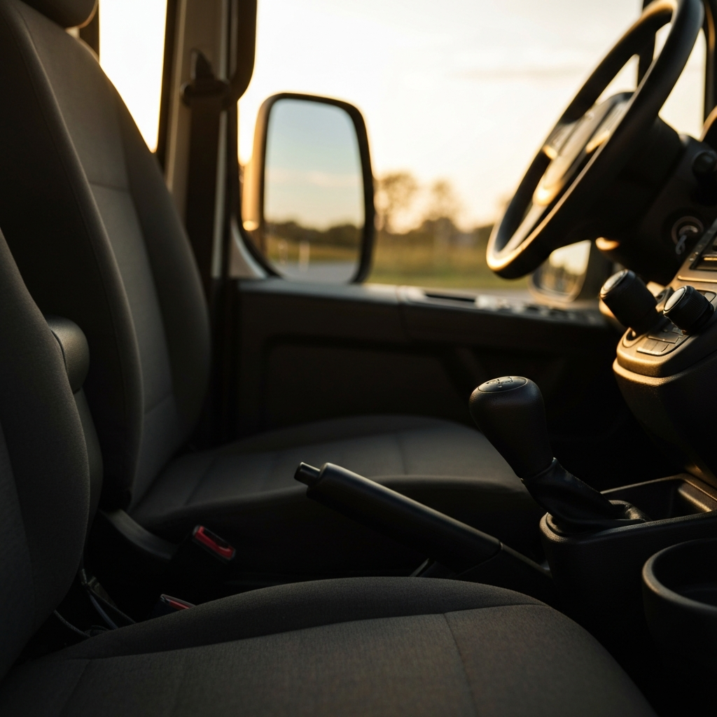 Medium shot inside the van's cab. The handbrake lever is in focus, with the trim garter partially removed. Soft bokeh in the background shows the dashboard. A gentle light illuminates the interior.