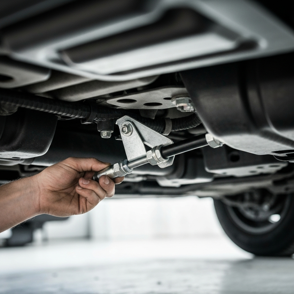 Low-angle shot under the van focusing on the handbrake cable cradle. A mechanic's hand is visible, gently maneuvering the cable free from the cradle. The shot is side-lit, emphasizing the texture of the cable and cradle.