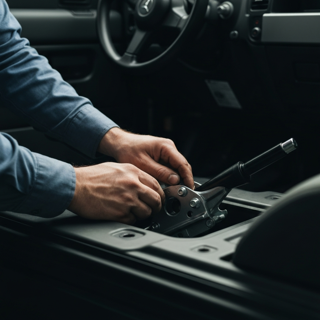 Close-up shot of the old handbrake assembly being carefully extracted from the opening in the floor of the van's cab. The focus is on the mechanic's hands guiding the assembly. Soft lighting creates a sense of precision.