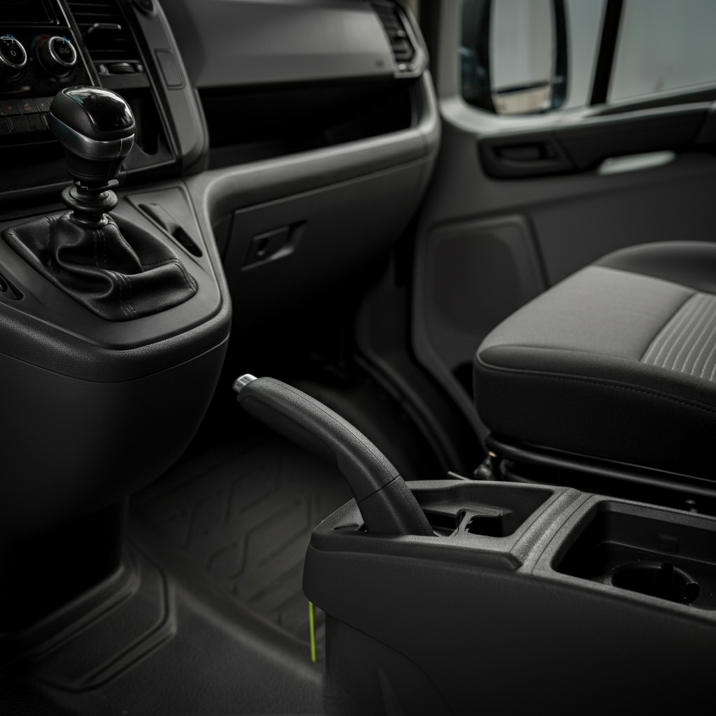 Medium shot inside the van's cab, showcasing the new handbrake assembly installed. The trim garter is partially installed, and the focus is on the handbrake lever. The interior is well-lit, highlighting the clean installation.