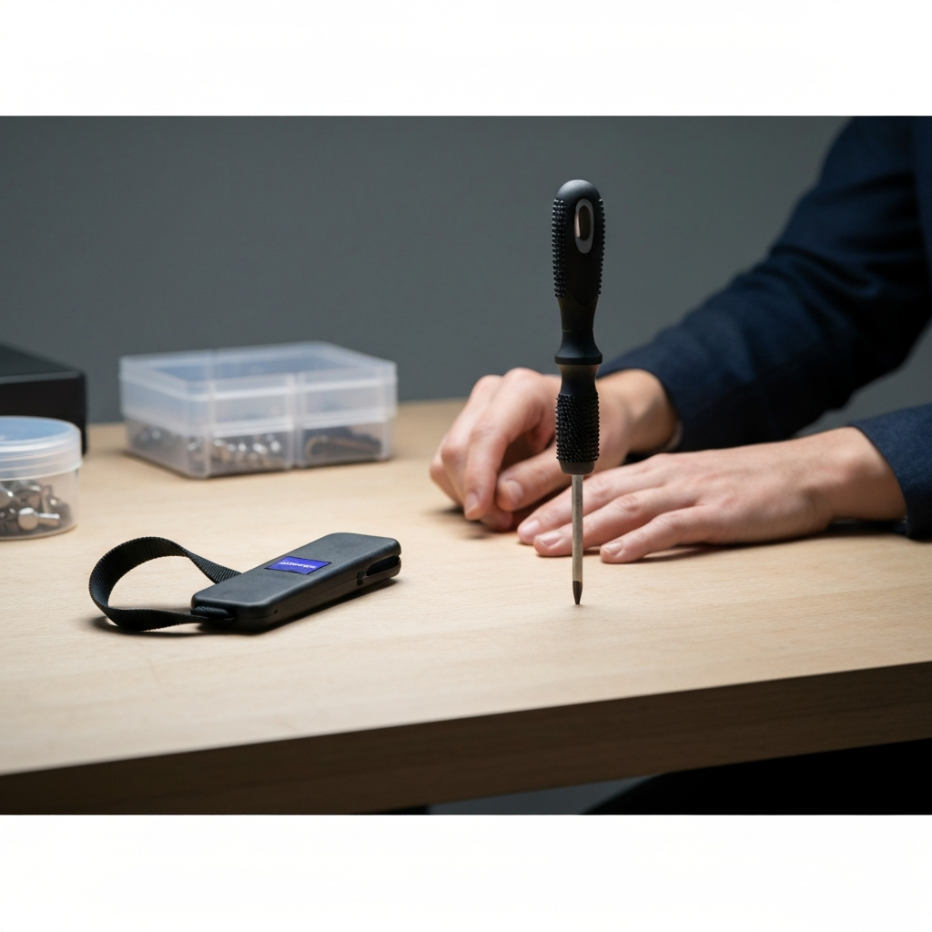 Close-up shot of a well-organized workstation, featuring an anti-static wrist strap, a Phillips head screwdriver with a textured grip, and a small parts container, all arranged on a clean, wooden workbench under soft, diffused lighting.