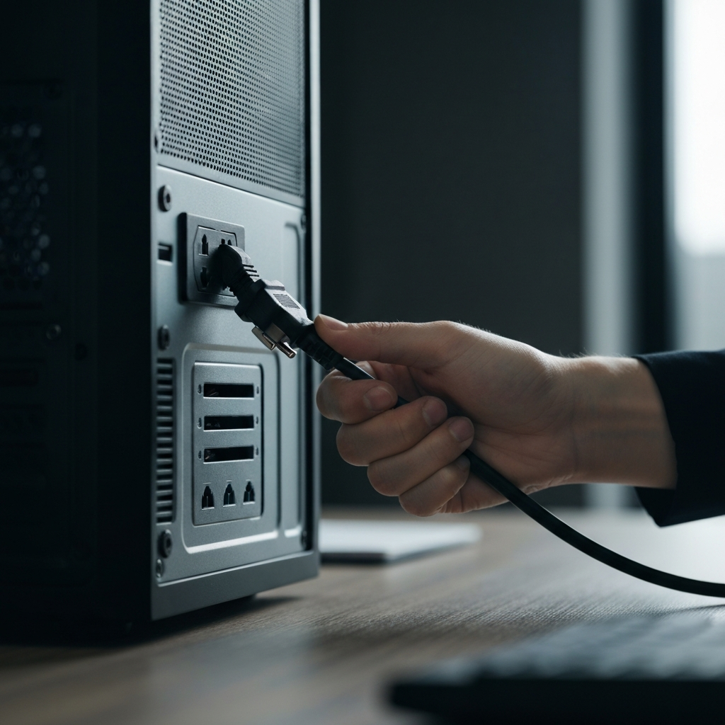 A hand confidently unplugging a thick black power cord from the back of a computer tower. The tower sits on a desk with a dark, blurred background, emphasizing the action. The lighting is focused on the plug and outlet, highlighting the secure grip of the hand.