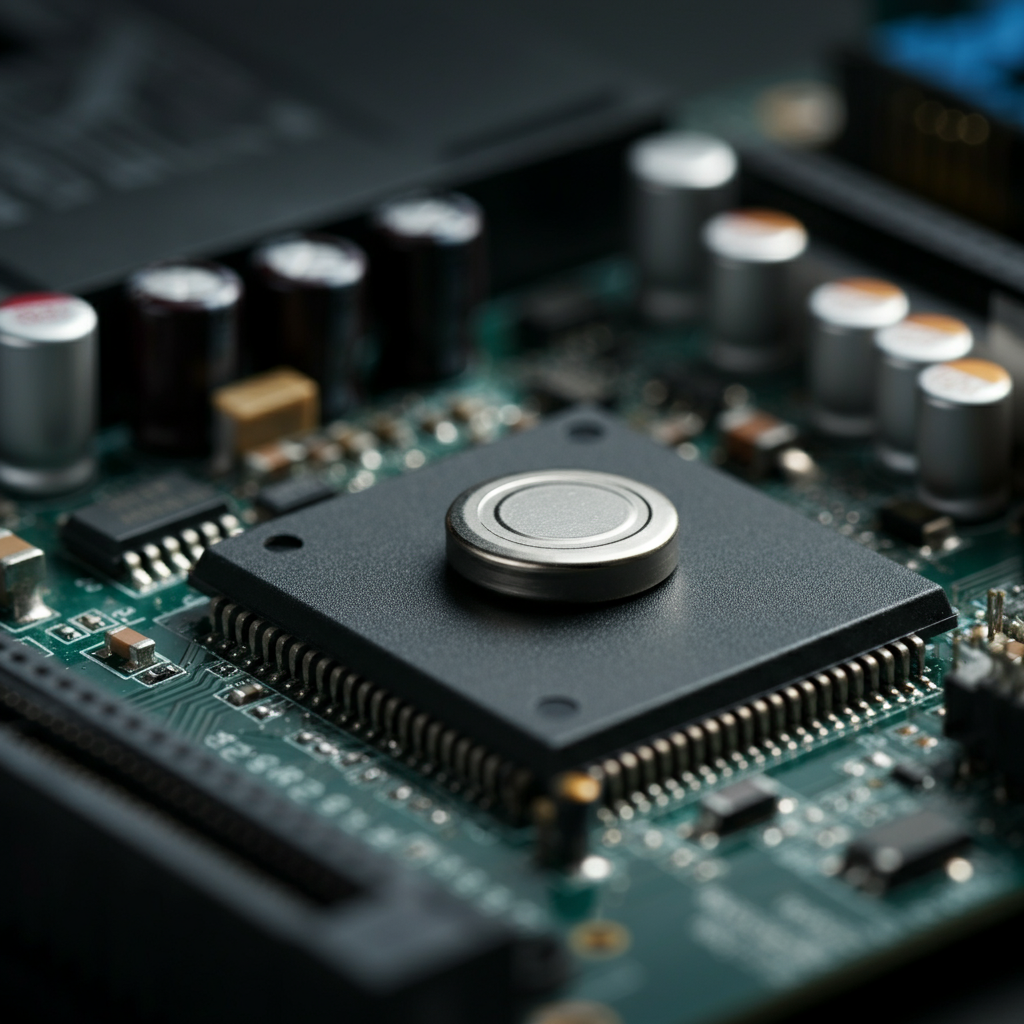 A focused, eye-level view of a motherboard with various components. A small, silver CR2032 battery is highlighted with a subtle glow, nestled amongst capacitors and integrated circuits. The surrounding components are slightly blurred, drawing attention to the battery's location.
