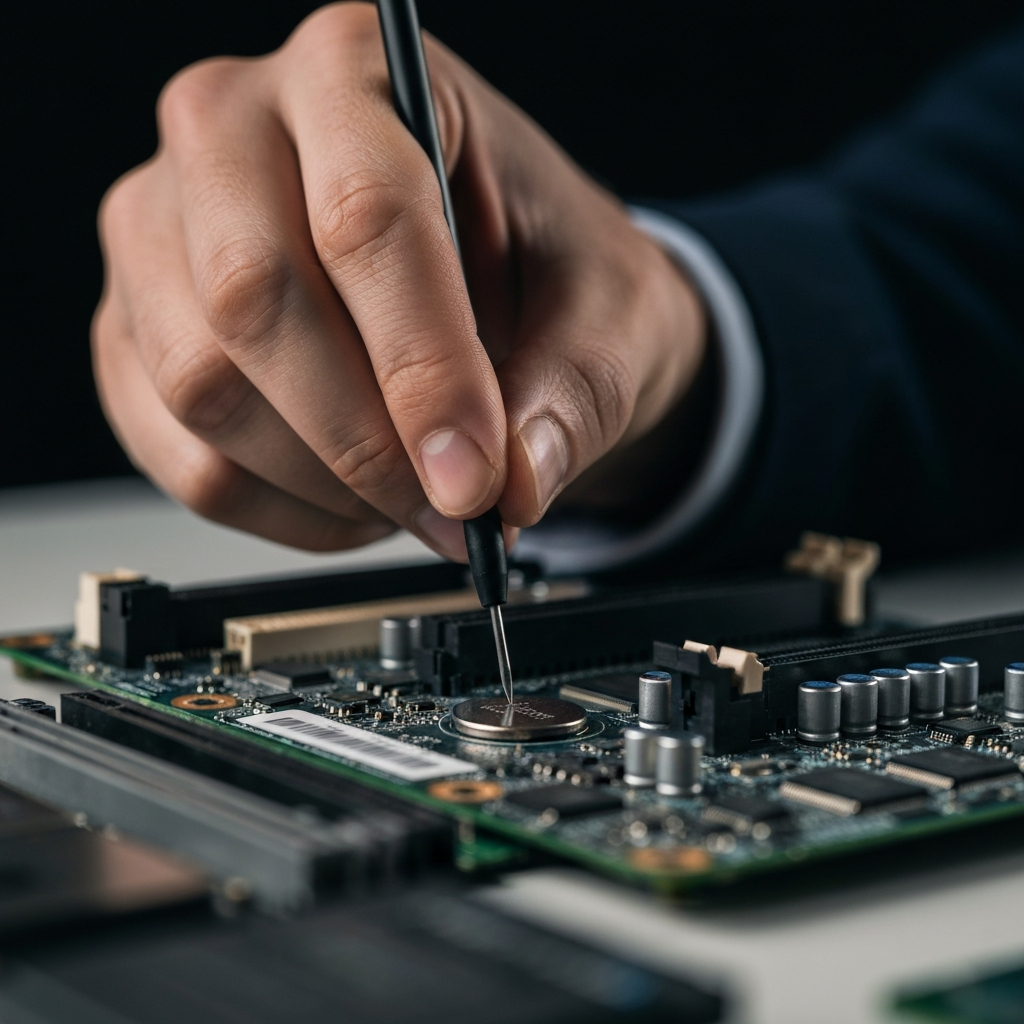 A close-up of a hand using a small, non-conductive tool to gently depress a retention clip next to a CMOS battery on a motherboard. The lighting is focused and highlights the delicate movement. The motherboard is partially visible, with other components blurred in the background.