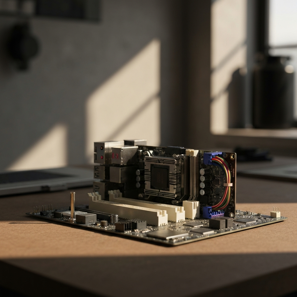 A motherboard sits on a workbench, the CMOS battery slot is empty. Soft golden hour lighting creates subtle shadows, highlighting the details of the surrounding circuitry.
