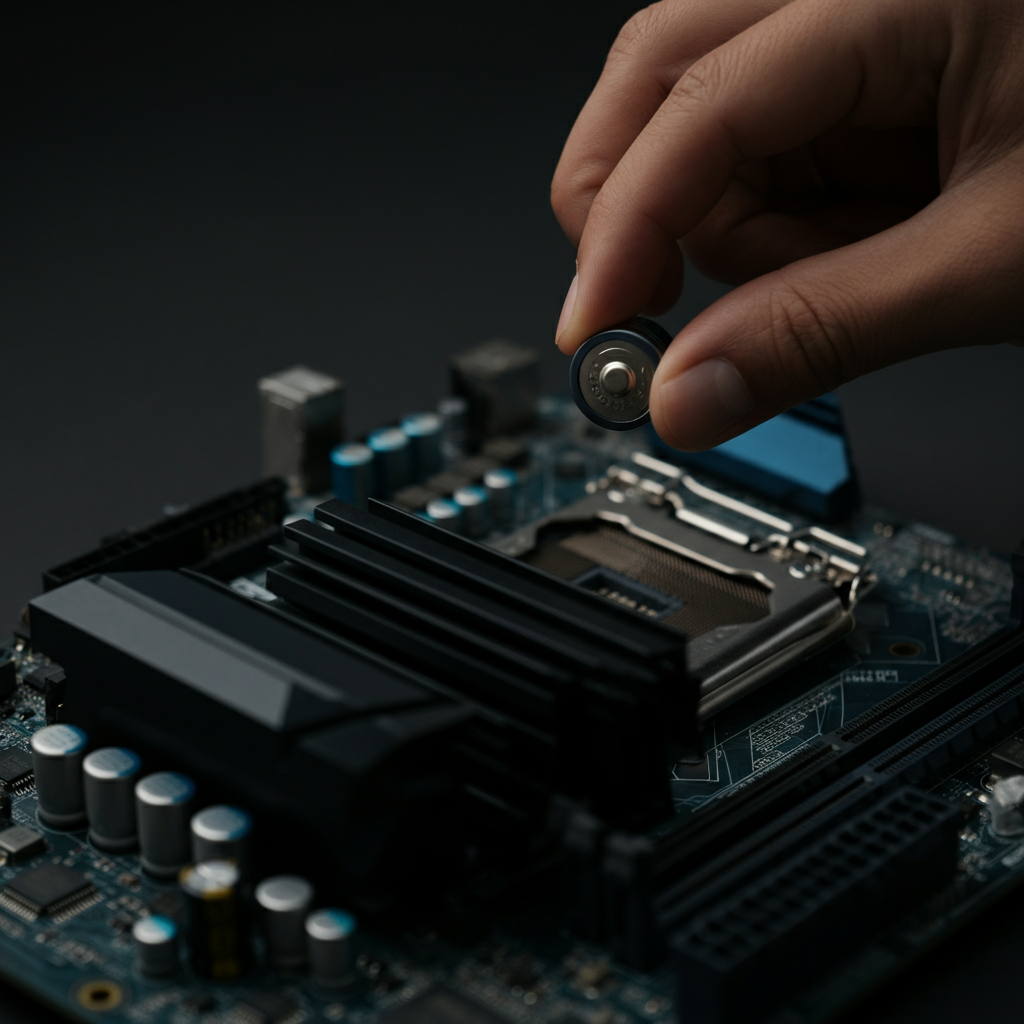 A hand carefully pressing a new CR2032 battery into its slot on the motherboard. The lighting is soft and focused, highlighting the battery's texture and the precise placement of the hand. The motherboard's surface is clean and well-lit.