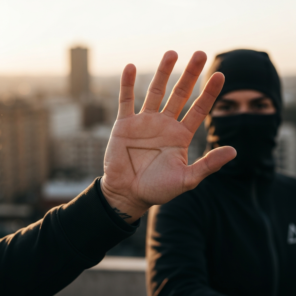 A hand held out, fingers slightly curled, showcasing a well-defined triangle on the upper left of the palm, under the pinky finger. Golden hour lighting creates soft shadows and enhances the depth of the lines. The background is a blurred cityscape.