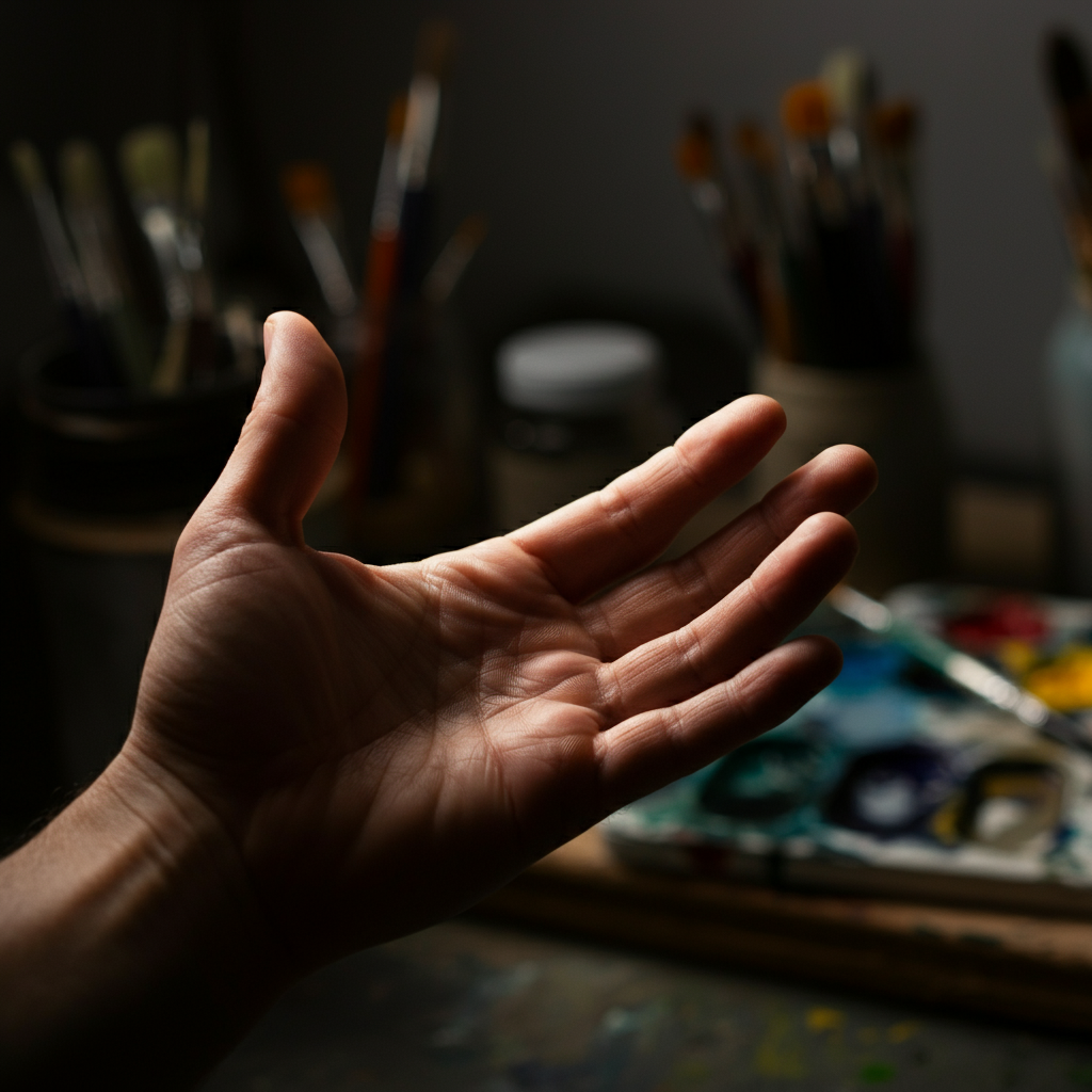 A person's hand, slightly angled, with a clearly visible triangle in the fleshy area surrounding the thumb. The hand is illuminated with soft, natural light, highlighting the textures of the skin. The background is slightly blurred, showing a creative workspace with art supplies.