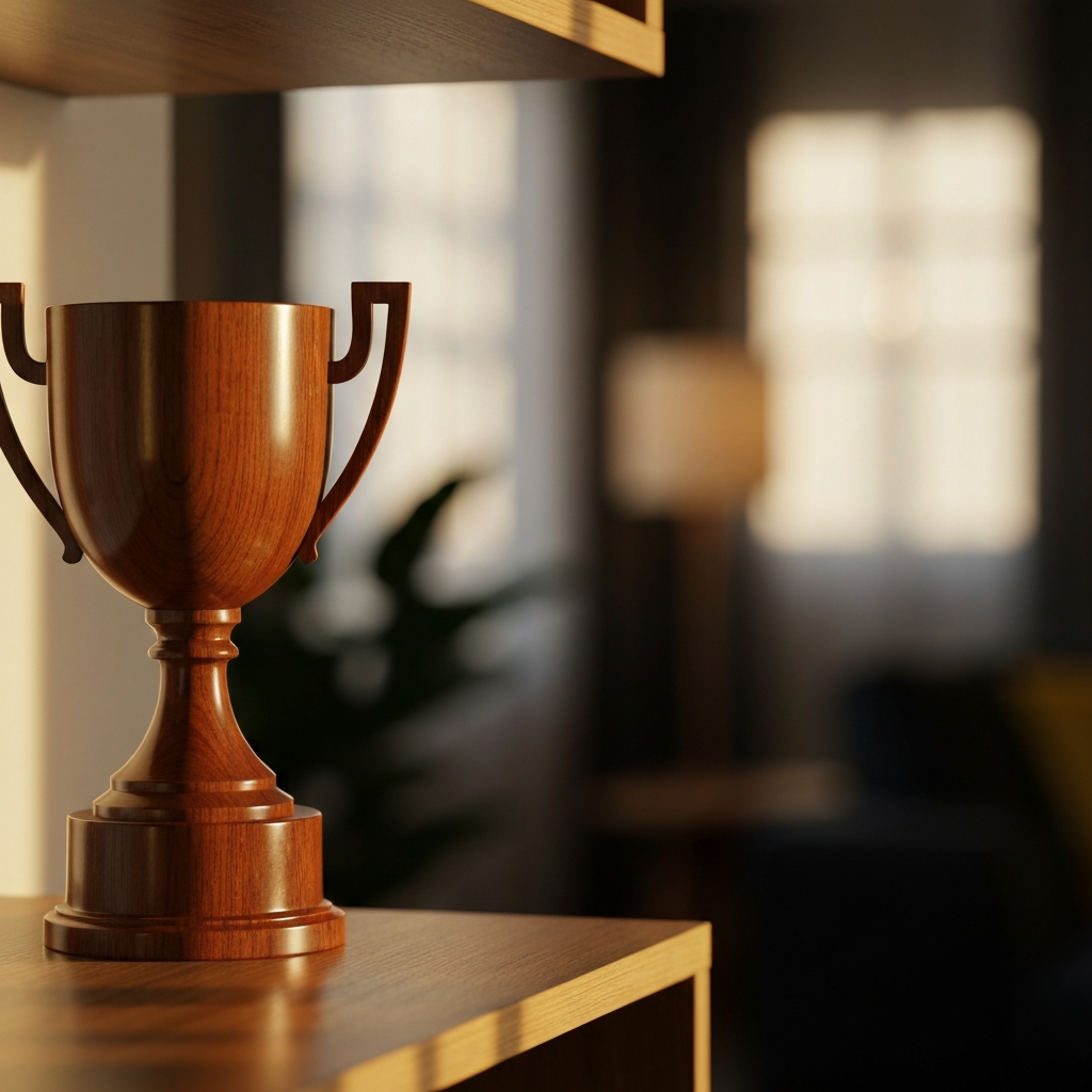 Close-up of a polished wooden trophy on a shelf, bathed in warm, diffused light from a nearby window. The trophy reflects subtle golden tones. Soft bokeh in the background hints at a comfortable living room.