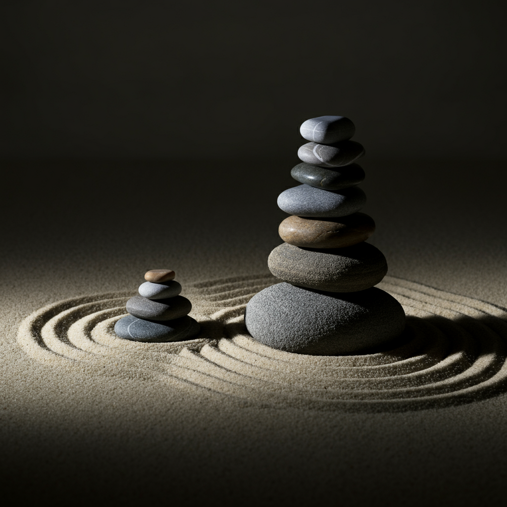 A calming zen garden with meticulously raked sand and strategically placed stones. The lighting is soft and natural, creating a peaceful atmosphere. Shallow depth of field highlights the texture of the sand.