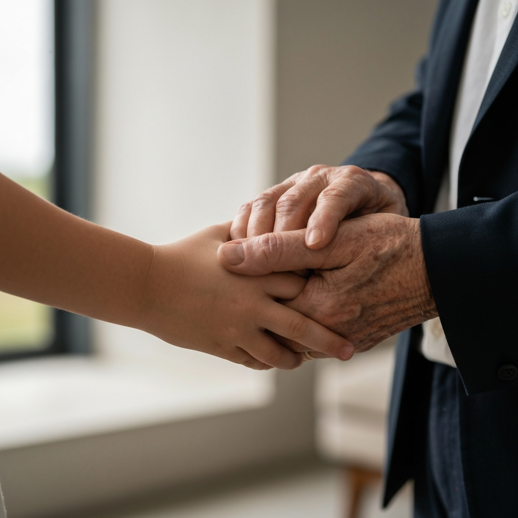A child's hand gently holding an elderly person's hand. The lighting is soft and warm, emphasizing the wrinkles and textures of the skin. The background is blurred to focus on the hands.